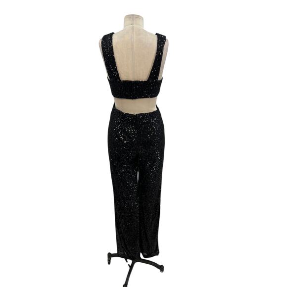 Ieena for Mac Duggal‎ Jumpsuit 26691 Sequin Cut Out Wide Leg Black Size 4 - Picture 7 of 14